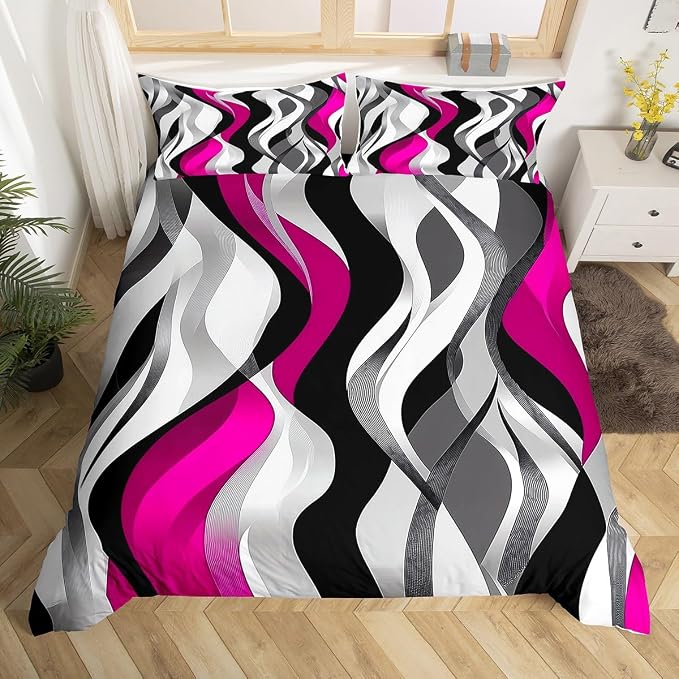 Pink Black Stripes Duvet Cover Set Full Size,Modern Abstract Wave Striped Bedding Set,Girls Women Room Decor,Simple Geometric Artwork Chic Comforter Cover,Comfy Quilt Cover,2 Pillowcases(No Filler)