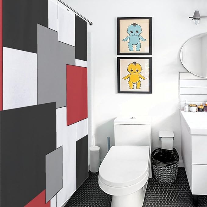 Red Black Shower Curtain,Retro Modern Geometry Minimalist Neutral Design Bathroom Curtain Polyester Waterproof Fabric Decor 66x72in（168x183cm）