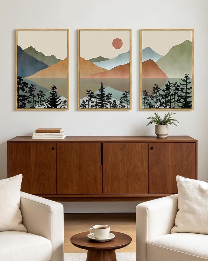 KUVIOKE Watercolor Mountain Framed Wall Art Nature Laker Landscape Painting Sun Rises Boho Farmhouse Rustic Room Decor 16x24in (Natural Framed)