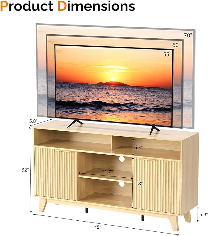VINGLI Boho Fluted TV Stand for 70 Inch TV, Tall Wooden TV Console with Storage, Solid Wood Legs Entertainment Center with Shelves & Cable Management, Media Cabinet for Living Room or Bedroom, Oak