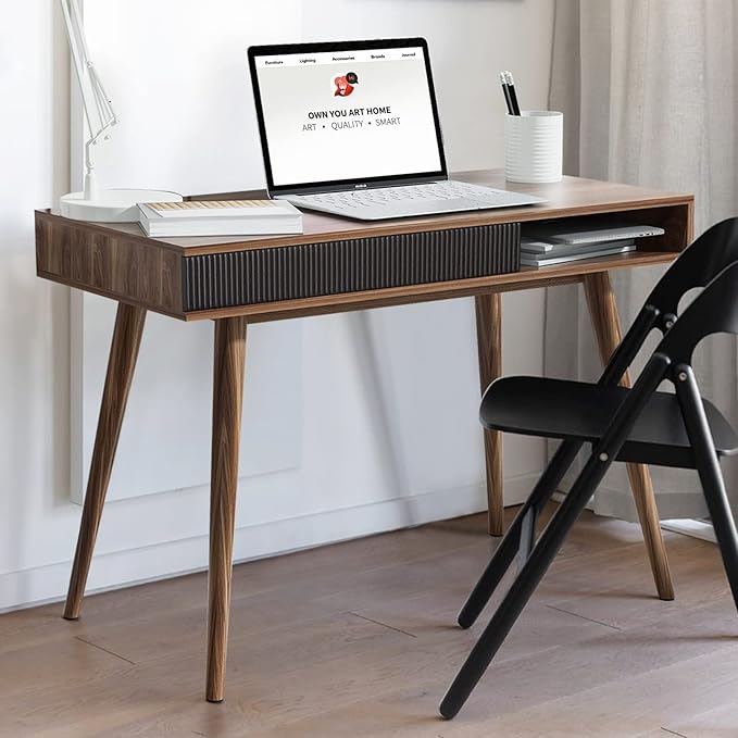 Artswish Mid Century Modern Office Desk with Drawer - Simple Writing Desk for Home Office, Walnut