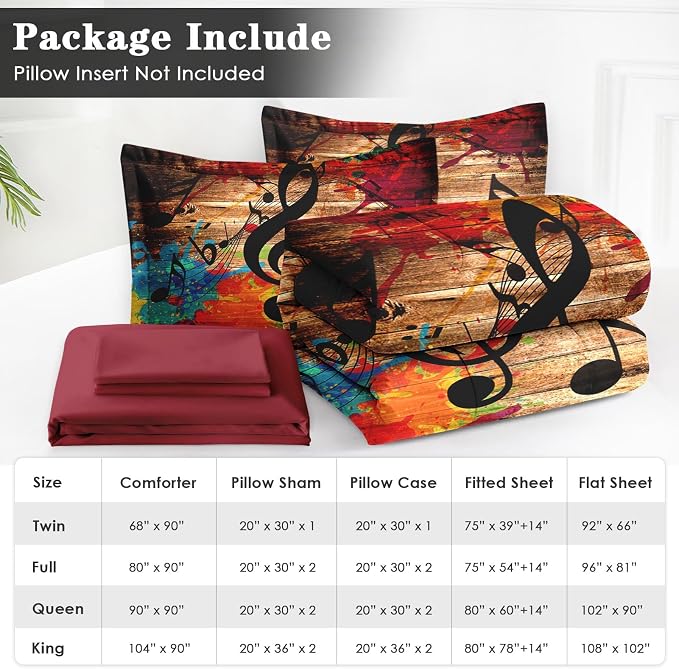 WeCozy 5 Pcs Twin Size Comforter Set with Pillowcase & Sham, Musical Music Disco Bedding for Kids and Adults, Black Retro Wood Grain Bedding Set with Flat Fitted Sheet