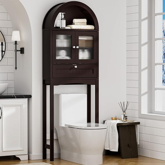 Spurgehom Over The Toilet Storage Cabinet, Bathroom Shelf Organizer Freestanding, Bathroom Arch Cabinet Over Toilet with Glass Door and Anti-Tipping Device, Coffee