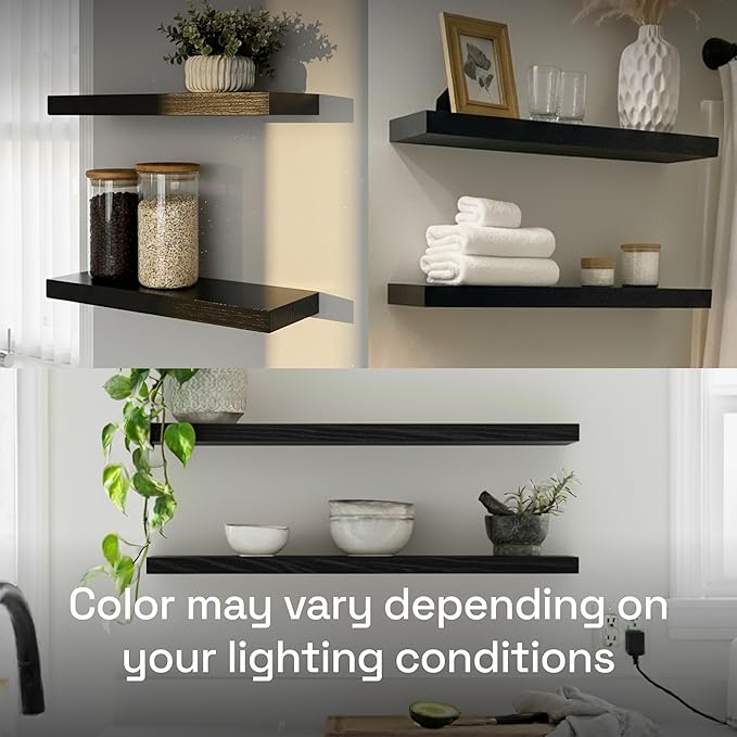 BAOBAB WORKSHOP Solid Wood Floating Shelves for Wall 30 Inches Long, Real Wooden Bathroom Shelf Large, Heavy Duty Wall Shelves Mounted Kitchen Bedroom, Black Shelf, 30W × 6.7D, Set of 2