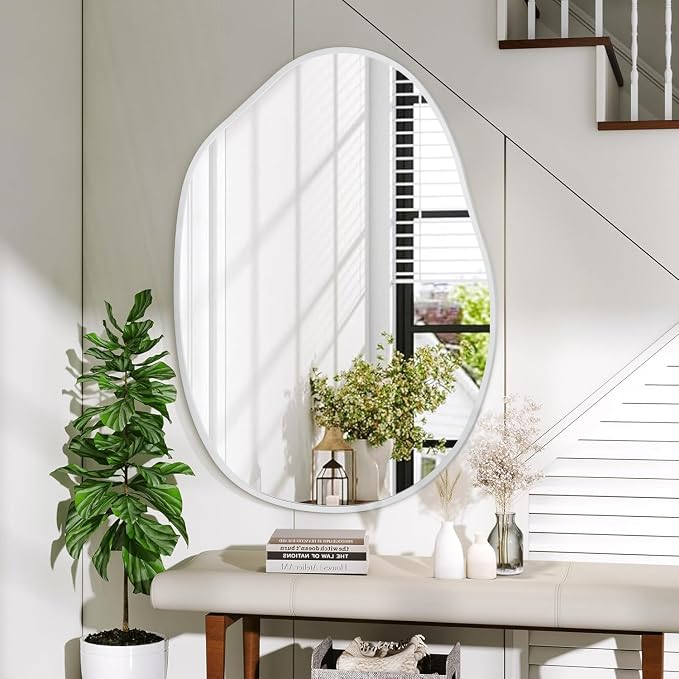 Large Asymmetrical Wall Mirror Aluminum Alloy Frame Irregular Bathroom Mirrors Brushed Metal Vanity Wall Mounted Mirror for LivingRoom Bedroom Entryway Room Home Decor White 26"x37.5"