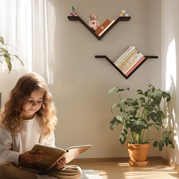 Book Shelf for Wall Set of 2, Modern Hanging Bookshelf Wall Mounted Desktop Book Shelves Black Organizer for Bedroom Livingroom Office