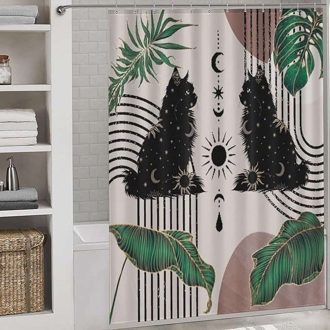 Boho Mid Century Cat Shower Curtain Retro Moon Star Leaves Black Cat Geometric 70s Vintage Waterproof Shower Curtains for Bathroom Decor 12 Pack Hooks 66x72in（168x183cm）