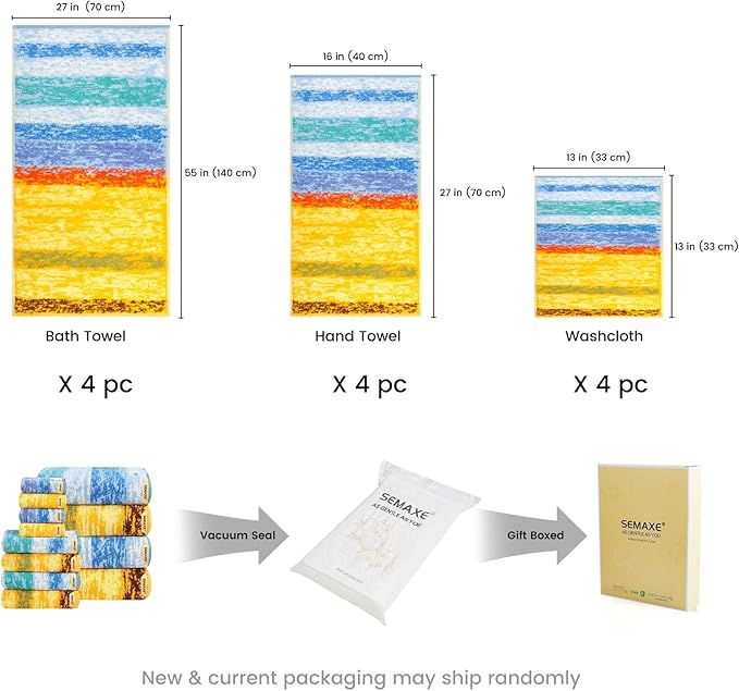 SEMAXE 12-Piece Family Bathroom Towel Set - 100% Cotton, 4 Bath Towels, 4 Hand Towels, 4 Washcloths, Ultra-Soft and Super Absorbent, Lighter Weight