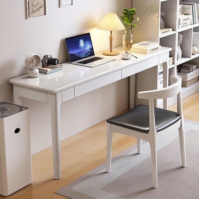 Mid Century Modern Desk with Storage Drawers, Home Office Computer Desk Solid Wood Writing Desk Study Table Workstation(31 Inch, White)