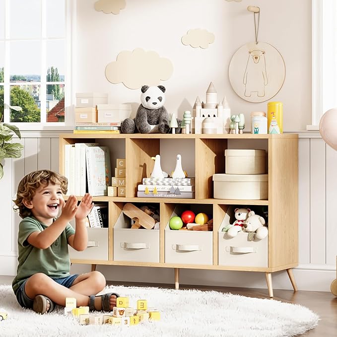 7-Cube Storage Organizer with Natural Wood Legs, Mid-Century Modern Bookcase and Display Cabinet, Freestanding Toy Storage Bookshelf for Living Room, Kids Room and Bedroom, Natural