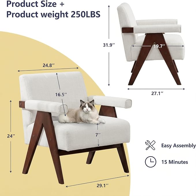 AODAILIHB Mid Century Modern Accent Chair Set of 2, Solid Wood Frame White Linen Armchairs, Modern Reading & Living Room Chairs for Office Guest & Waiting Room