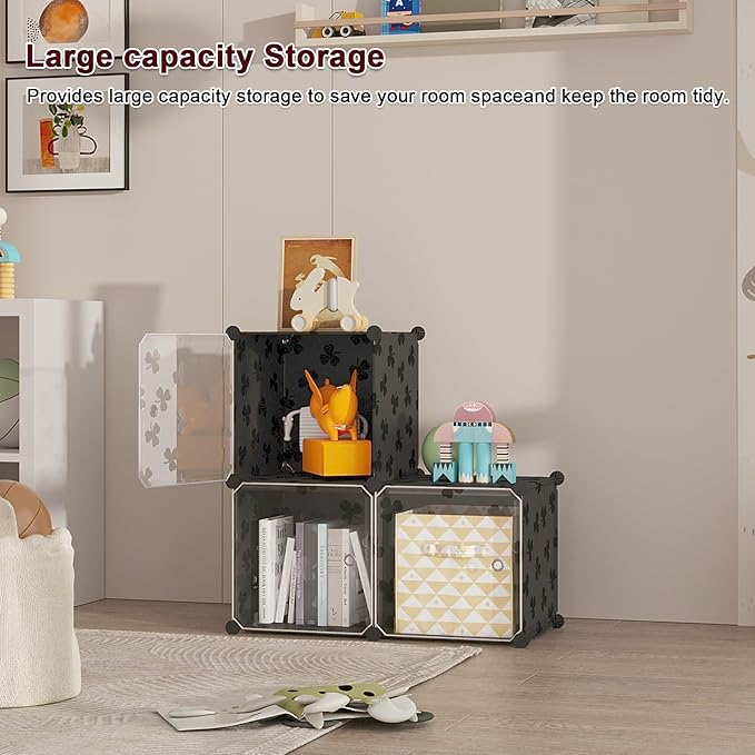 C&AHOME Cube Storage Organizer with Doors, 3-Cube Shelves, DIY Plastic Modular Bookshelf, Closet Clothes Storage Shelving Ideal for Bedroom, Living Room, Clover Embossed, Black