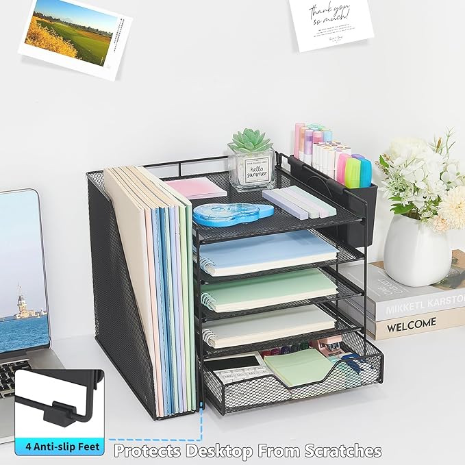 Desk Organizers and Accessories, 5-Tier Paper Letter Tray Organizer with File Holder, Drawer & Pen Holder, Office Desk Accessories, Desktop Organizer for Classroom Office Supplies, Black