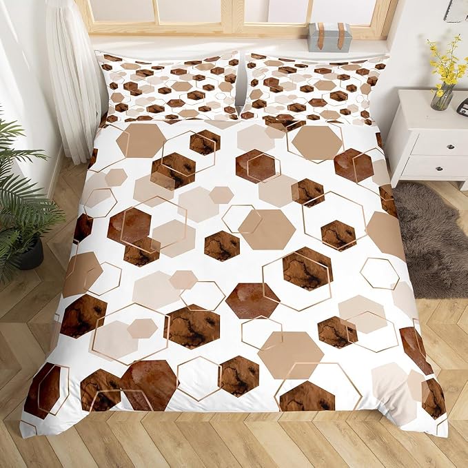 Erosebridal Brown Geometric Duvet Cover | Royal Blue Modern Abstract Kids Bedding Sets Geometric Marble Art Bed Set Queen | Watercolor Hexagon Print Bed Cover for Men Women