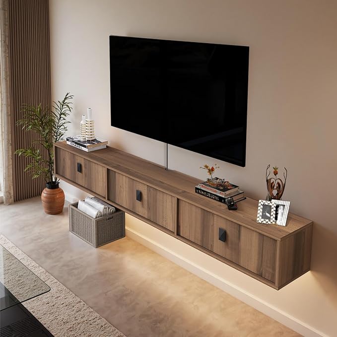 Solid Wood Floating TV Shelf, 63'' Wall Mounted TV Cabinet, Floating Shelves with 3 Doors, Wooden Mid-Century Entertainment Media Console Center Large Storage Under TV (Walnut)