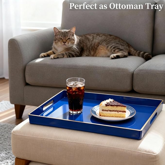 Decorative Tray, Rectangular Plastic Tray with Handles, Modern Vanity Tray and Serving Tray for Bathroom, Kitchen, Ottoman and Coffee Table, 15.6” x 10.2” (Drak Blue)