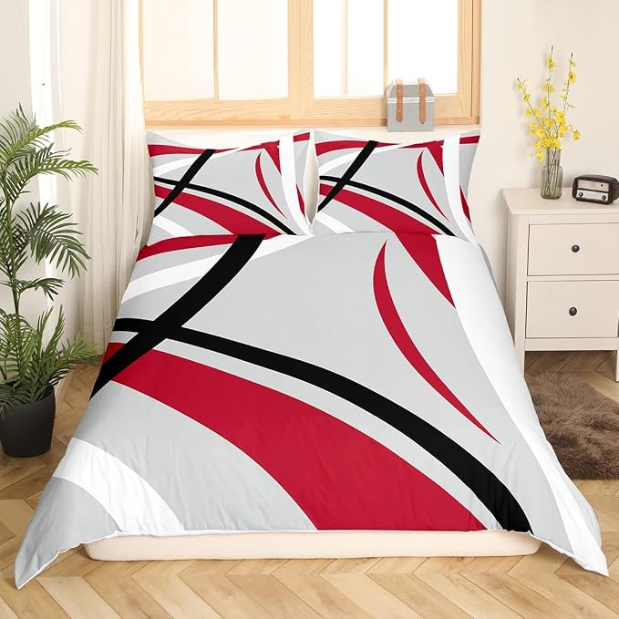 Geometric Circle Duvet Cover Modern Retro Grommet Bedding Set for Kids Boys Girls Decor Grey Red Black White Stripes Comforter Cover Abstract Stripe Line Art Bed Set 2Pcs Twin Size (No Comforter)