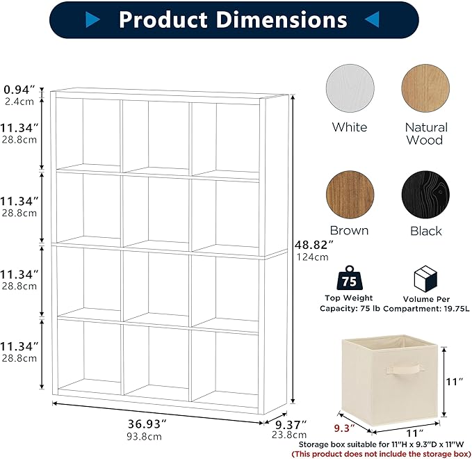 12-Cube Storage Organizer, Wooden Cube Shelf Bookcase with Reinforced Thick Shelves, Heavy-Duty 36.93" L x 9.37" W x 48.82" H, for Living Room Bedroom Home Office, Black