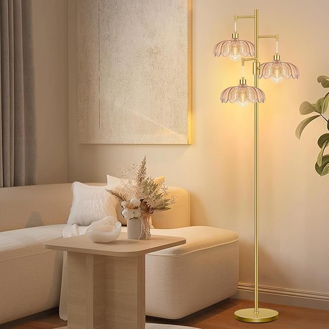 Dimmable Floor Lamp for Living Room Bedroom-3 Light Gold Floor Lamp with Glass Lampshape, Flower Tall Lamp Mid Century Modern Standing Lamp Glass Tree Floor Lamps for Living Room Bedroom,Corner