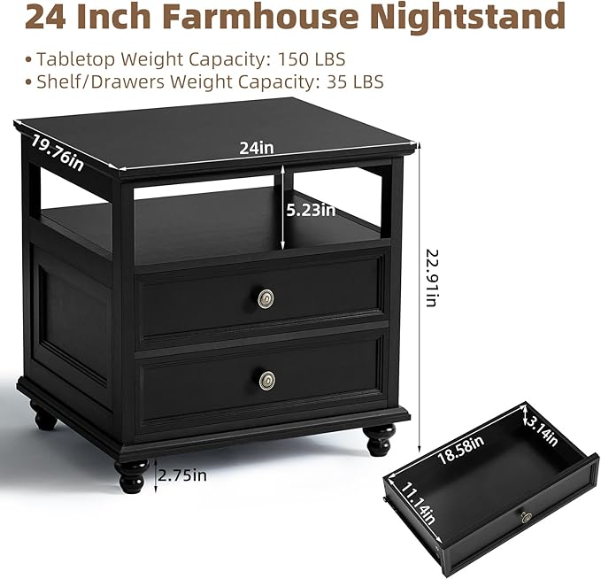24" Wide Farmhouse Night Stand,Large End Table with 2 Drawers & Metal Handle,Wood Dresser for Bedroom, Black Bed Side Table Chest of Drawers Cabinet,Nightstand for Living Room,Closet