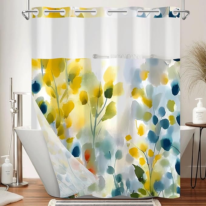 No Hook Shower Curtain with Snap in Liner, Watercolor Floral Wildflower Print Waterproof Bath Tub Curtain for Modern, Cottagecore, Boho Bathroom Decor, See Through Top, 71 x 74 Inch