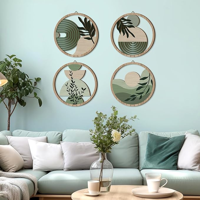 TOARTi 4 Pieces Green Botanical Wooden Wall Art Bohemian Hanging Art Farmhouse Geometric Wooden Wall Decor Aesthetic Tropical Plant Artwork Boho Minimalist Wall Decor for Bedroom Living Room