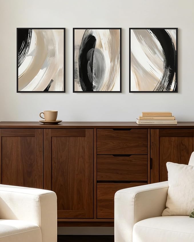 KUVIOKE Modern Abstract Framed Wall Art Black Neutral Minimalist Ink and Wash Graffiti Pastel Wall Decor for Bedroom Living Room 11x14in (Black Framed)