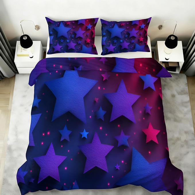 Blue Purple Stars Duvet Cover Oversized King, Colorful Dark Bedding Set 3 Piece, Neon Lights Stars Patterned Comforter Cover with Zipper Soft Microfiber, 2 Pillowcases