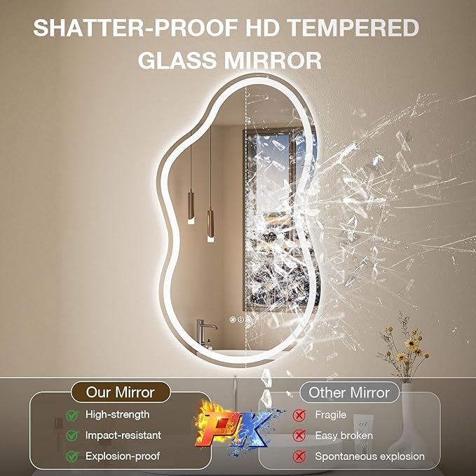 Cloud Shape Asymmetrical LED Vanity Mirror with Lights, 32"x20" Fogless Lighted Bathroom Mirror, 4mm Tempered Glass, Dimmable 3-Color & Memory Function, Wall Mounted (Horizontal/Vertical)