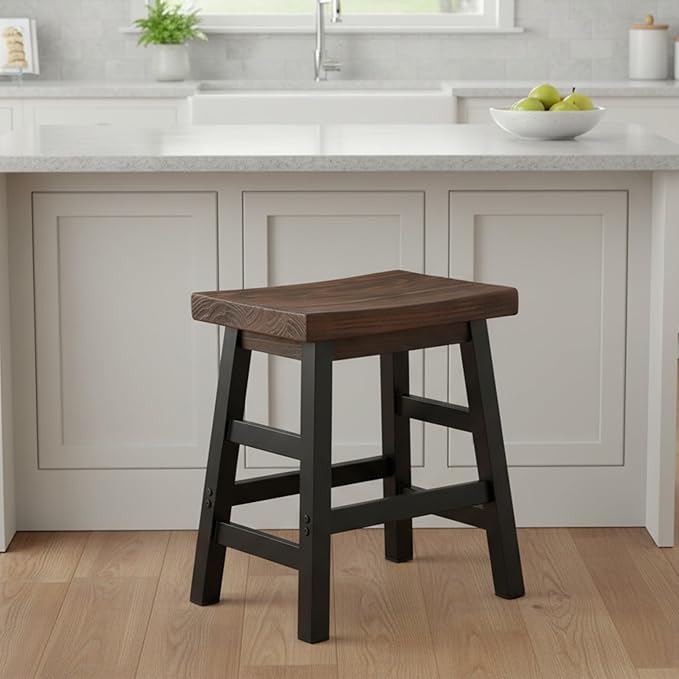 Alaterre Furniture Pomona Rustic Industrial Barstool – 20” Backless Counter Stool with Solid Pine Wood Seat and Black Metal Legs – Farmhouse Seating for Dining Room, Kitchen, or Office (Natural/Black)