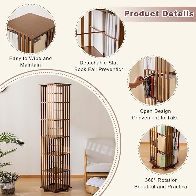 Bamboo Rotating Bookshelf Tower, 360° Spinning Bookcase, 6-Tier Narrow Floor Standing Storage Rack for Corner, Office, Room (Walnut)
