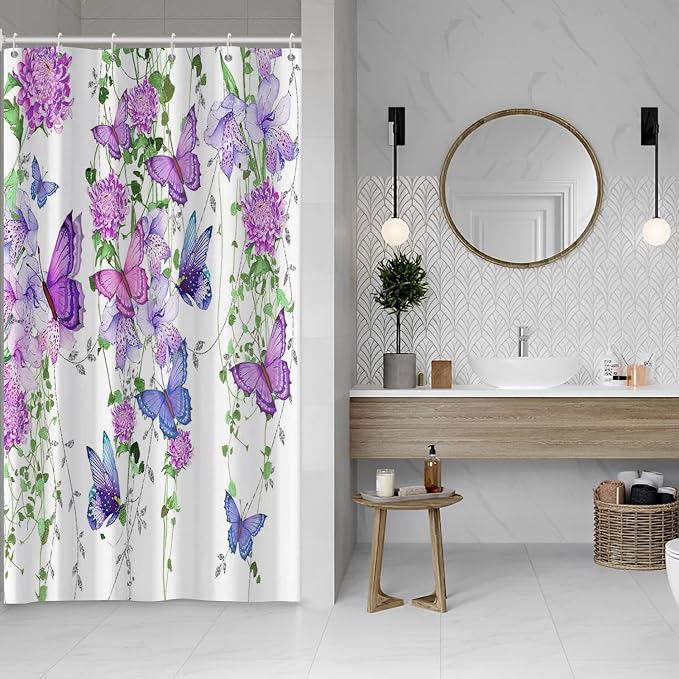 Violet Butterfly Floral Shower Curtain Spring Lavender Shower Curtain Lilac Pink Floral Bathroom Decor Waterproof Polyester Fabric with 6 Hooks,36x72 Inches