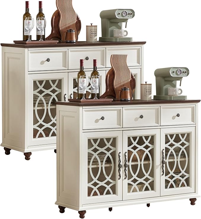 Large Sideboard Buffet Cabinet Set of 2 with Storage,48" Credenza with 3 Glass Doors & 3 Drawers,Adjustable Shelves Coffee Bar,Wood Kitchen Console Table for Dining Room,White