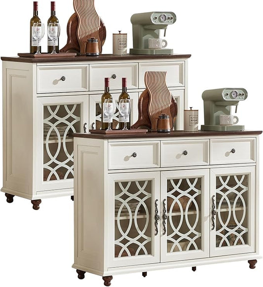 Large Sideboard Buffet Cabinet Set of 2 with Storage,48" Credenza with 3 Glass Doors & 3 Drawers,Adjustable Shelves Coffee Bar,Wood Kitchen Console Table for Dining Room,White