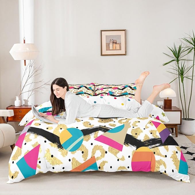 Golden Leopard Print Bedding Set Queen Size Wild Animal Skin Duvet Cover,Vintage 80s 90s Memphis Comforter Cover Mens Hipster Hip-Hop Geometric Quilt Cover Big Cat Fur Spot Room Decor