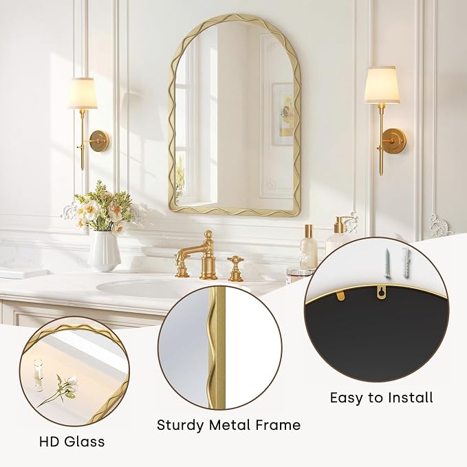 Uniclinens Gold Arched Mirror Decor - Large Vintage Scalloped Mirror Decor with Metal Frame, Wavy Decor Mirror for Nursery,Entryway,Fireplace,Living Room,Hallway,Bathroom,24"X36"
