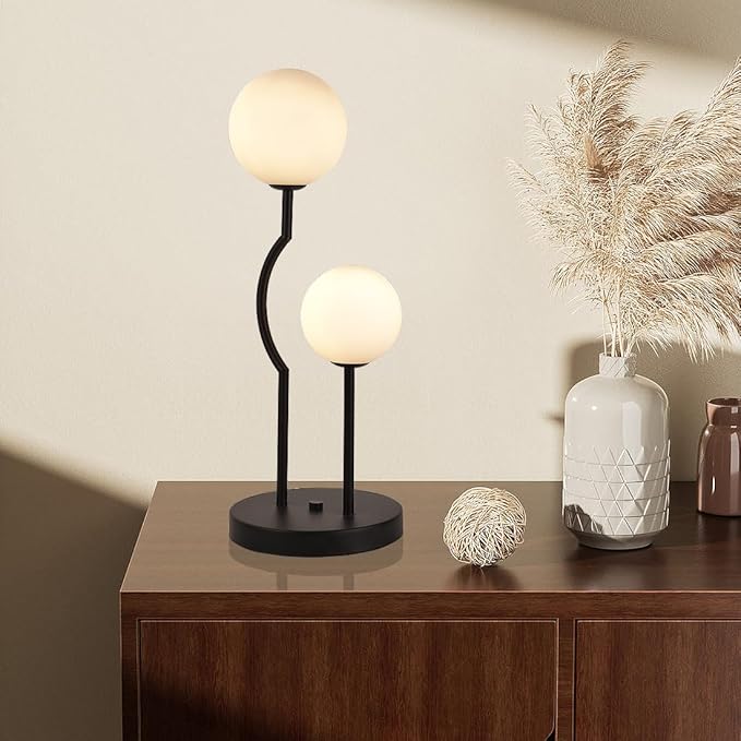Black Mid Century Globe Table Lamp Industrial Retro 2 Lights Orb Desk Lamp with White Glass Globe Bedside Reading Light for Bedroom Living Room Study Room