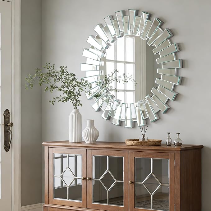 Round Decorative Mirror - 26" Sunburst Sun Mirrors for Wall Decor with Silver 3D Beveled Glass Frame, Modern Wall Art Accent for Living Room, Bedroom, Fireplace, Entryway