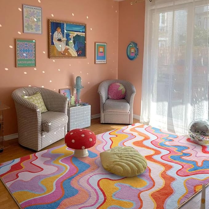 Colorful Abstract 5x7 Area Rug Ultra Thin Flatweave Funky Aesthetic Colorful Striped Bedroom Rug Orange Blush Washable Carpet for Kitchen Entryway Living Dining Room Dorm Nursery
