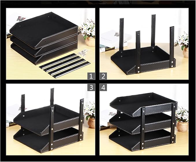 UnionBasic 3-Layer Document Paper Letter Tray, Faux Leather Desktop File Sorter Organizer Tray, Black