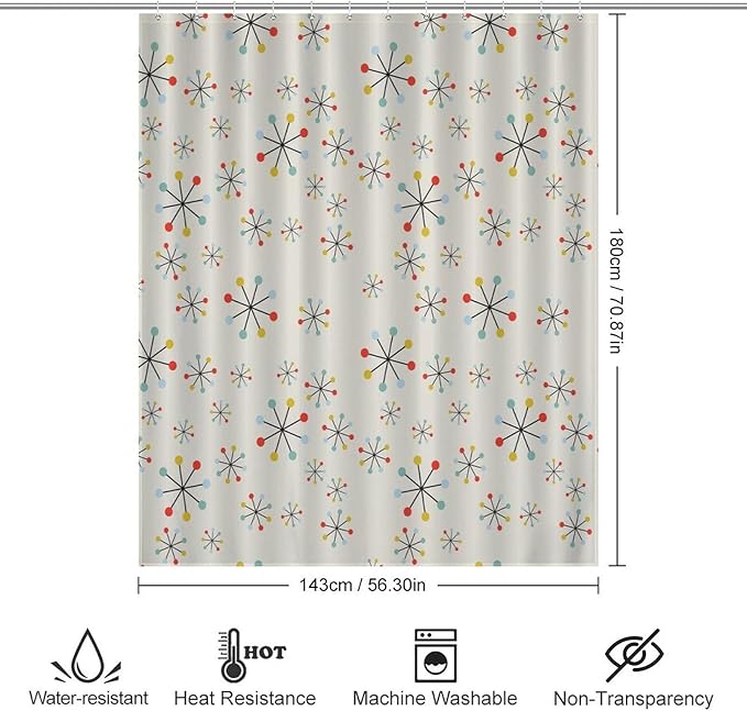 Mid Century Atom Pattern Shower Curtains, Colorful Retro Abstract Geometry Fashion Artistic Washable Waterproof Fabric for Bathroom Decor Bathtub with 12 Hooks 55x72in（140x183cm）