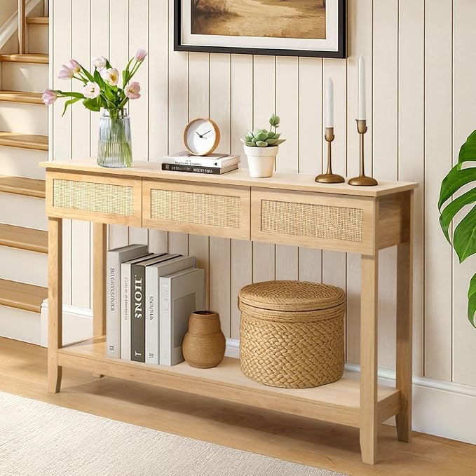 Karl home Console Table, Rattan Entryway Table with Storage Narrow Long, w/3 Drawers & Storage Shelf, Sofa Table Foyer Hallway Behind Couch Table for Living Room, Natural Wood