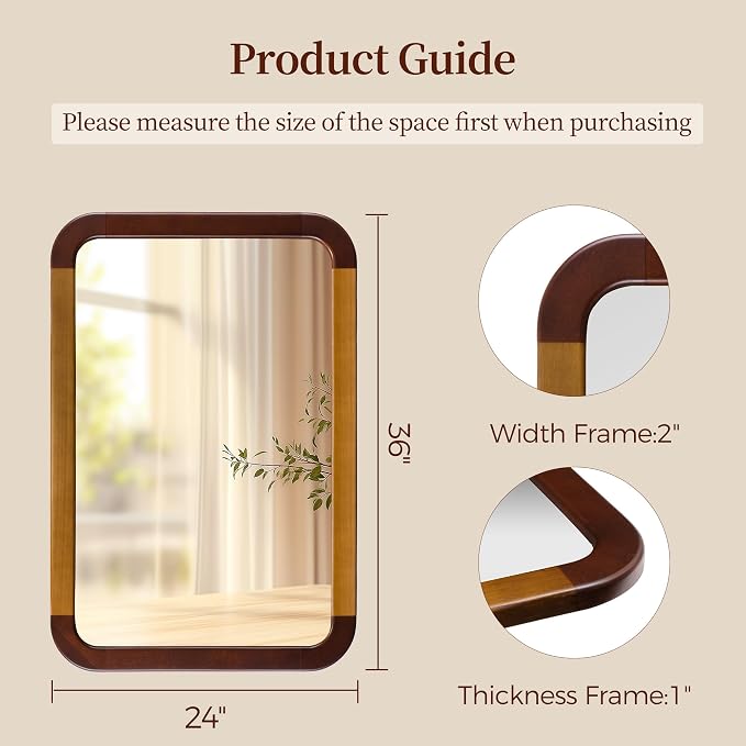 Bathroom Mirror 24 x 36 Inch,Brown Wood Rustic Rectangle Tempered Wall Mirror with Wood Frame,Round Corner Farmhouse Wooden Vanity Mirror for Living Room,Entryway or Bedroom（Walnut Brown）