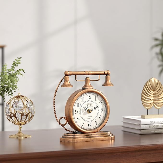Vintage Table Clock, Desk and Shelf Decor Clock, Gold Antique Telephone Style Mantel Clocks, for Living Room, Farmhouse, Bedroom, Bedside, Gift (7.3" H x 7.3" W)