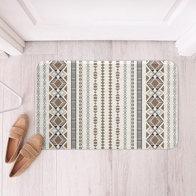 Feelyou Boho Aztec Bath Rugs 16"x24" Western Bohemian Striped Bathroom Rugs Brown White Bath Mats for Bathroom Women Girls Soft Non Slip West Cowboy Traditional Theme Bathroom Accessoriess