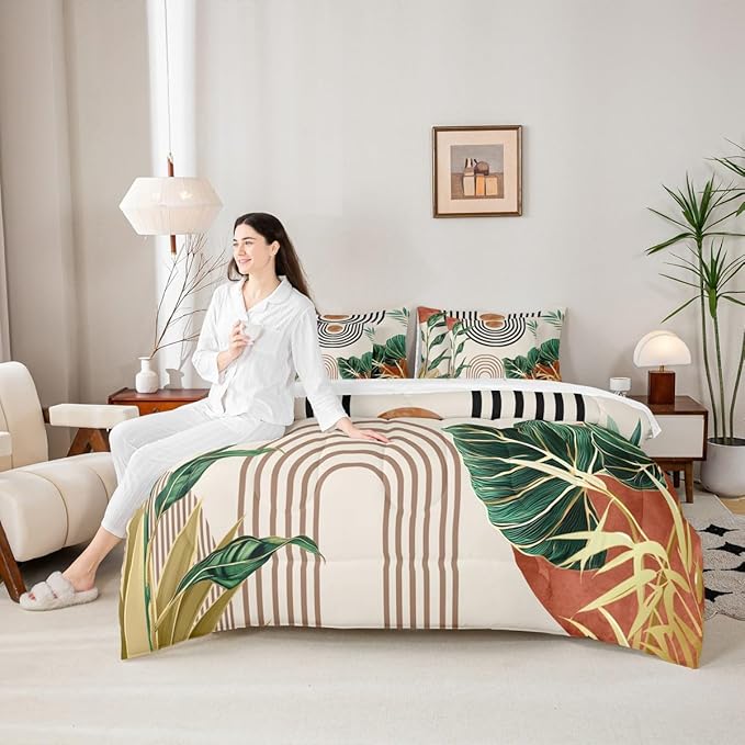 Erosebridal Modern Mid Century Bedding Set Queen Abstract Bohemian Comforter Set 7 Piece Modern Boho Brick Red Aesthetic Bed in A Bag for Adults Nature Stripes Palm Leaf Quilt with Flat Fitted Sheet