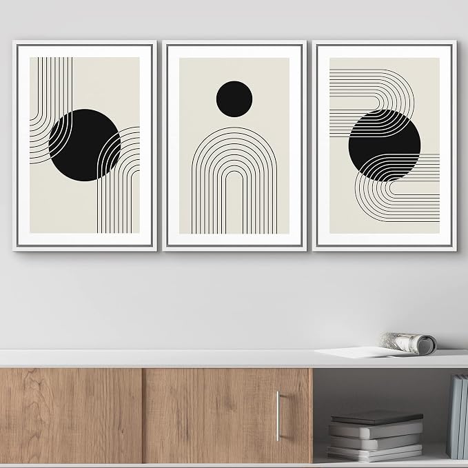 wall26 Framed Wall Art Print Set Boho Black Dots with Swirling Line Art Abstract Patterns Digital Art Modern Art Bohemian Chic Relax/Calm for Living Room, Bedroom, Office - 16"x24"x3 White