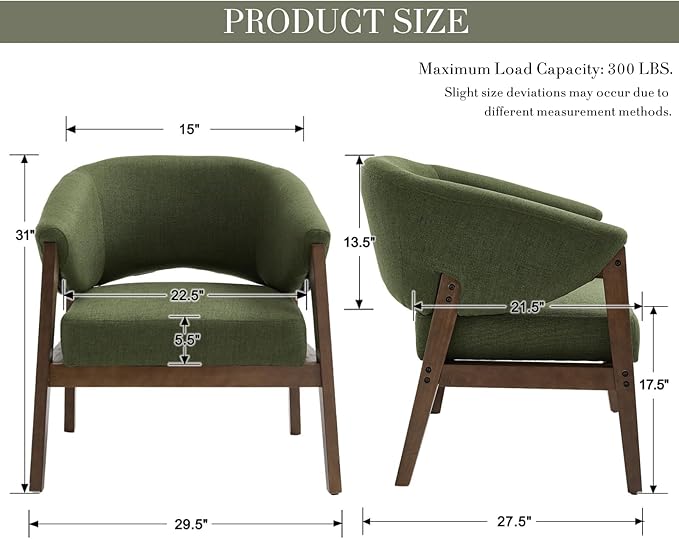 CIMOTA Mid-Century Modern Accent Chairs Set of 2, Comfy Barrel Armchairs with Wide Seat, Upholstered Lounge Chairs with Walnut Wood Legs for Living Room/Reading Corner, Linen Fabric, Deep Green, 2PCS