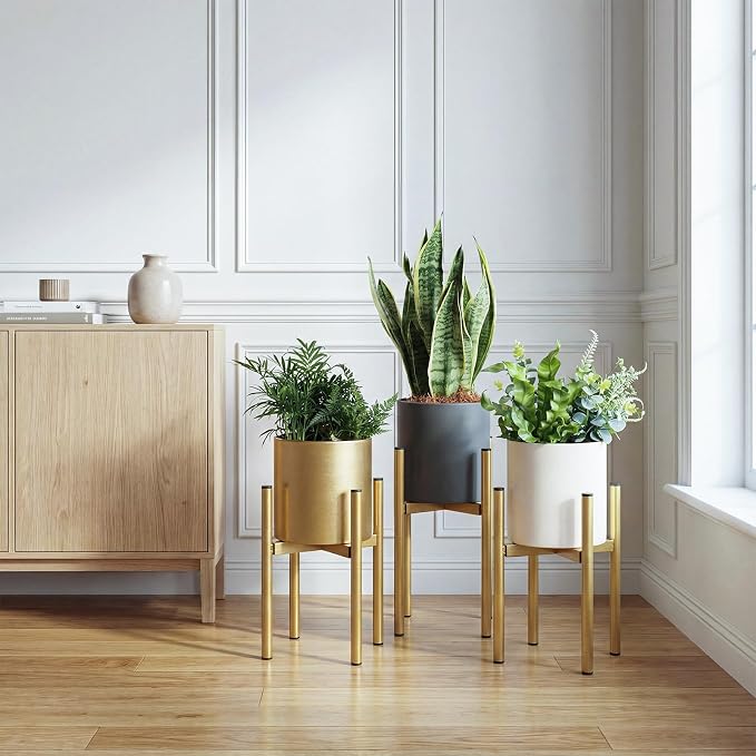 Metal Plant Pot with Drainage Hole,Mid Century Modern 7 inch Round Small Pot Indoor Outdoor Planters Gift for Decorative Pots of Tabletop Living Room Bedroom Grey