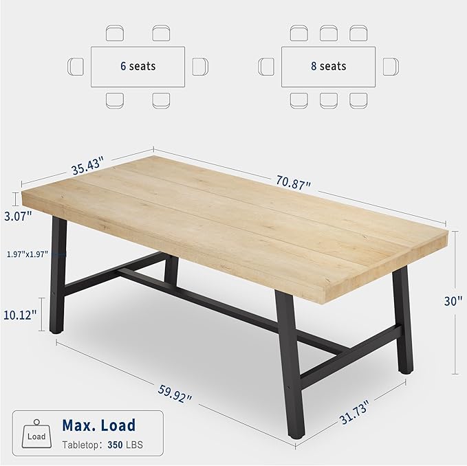 GarveeHome Industrial Dining Table for 6-8 People, 70.87" Long Wooden Kitchen Table with Sturdy Metal Frame & Natural Finish, Seats 6 Rectangular Counter for Dinner, Kitchen, Dining Room - Natural